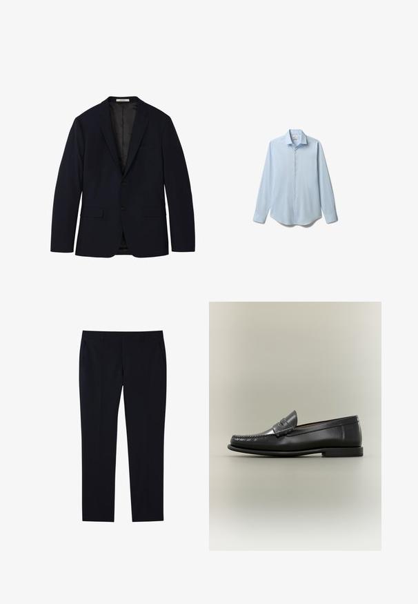 Blazer bleu marine pour homme avec revers à encoche, fermeture à deux boutons, poches à rabats et une poche poitrine passepoilée, doublé à l'intérieur.; Chemise habillée bleu clair à manches longues, boutonnée sur le devant, avec col pointu, présentée à plat sur fond blanc.; Pantalon noir droit sur mesure avec passants de ceinture, poches latérales et devant plat.; Mocassin pour homme en cuir noir avec un design moc-toe, une lanière à monnaie et un talon bas sur un fond neutre.