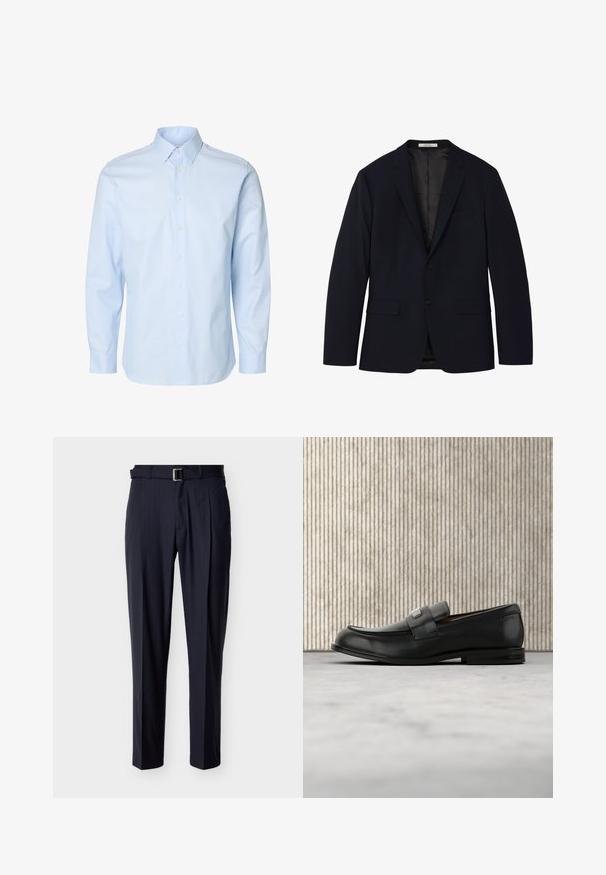 Marineblauer Herrenblazer mit Revers mit Kerbe, Vorderseite mit zwei Knöpfen, Klappentaschen und einer einzelnen Brustleistentasche, innen gefüttert.; Hellblaues Herrenhemd mit langen Ärmeln, durchgehender Knopfleiste und Standardkragen auf weißem Hintergrund.; Marineblaue, maßgeschneiderte Hosen mit Nadelstreifen, einem passenden Gürtel und einer silbernen rechteckigen Schnalle, flach auf einem hellen Hintergrund präsentiert.; Schwarzer Lederloafer mit einer Metallmarkenplatte, der nahe einem braunen runden Tisch auf beigem Teppichboden ruht.