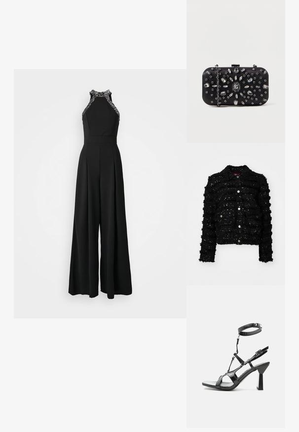 Zwarte jas van gestructureerde stof met verhoogde strepen en zilveren pailletten. Het heeft een kraag en een knoopsluiting aan de voorkant.; Zwart jumpsuit met een halternekontwerp, voorzien van versierde rand. Wijd gesneden silhouet met geplooide details aan de voorkant.; Zwarte sandaal met hoge hak en bandjes, vierkante neus, enkelriem met drukknopen en geometrische blokhak op een witte achtergrond.; Zwarte clutch met een rechthoekige vorm, versierd met verschillende strass-steentjes in een bloemmotief, voorzien van een zilveren ketting voor het dragen.