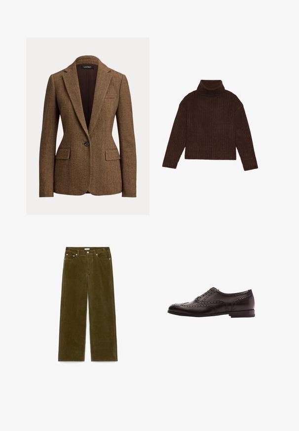 Blazer marron à motif chevrons, bouton unique, avec revers crantés et poches à rabat, fabriqué en tissu texturé tissé.; Pull en maille côtelée marron à col roulé, avec des manches longues et une silhouette courte, présentant un design de tricot épais et texturé.; Pantalon en velours côtelé vert olive avec jambes droites, poches avant, passants pour ceinture et fermeture par bouton sur fond blanc.; Chaussure habillée en cuir marron avec des détails de brogue, fermeture à lacets, bout arrondi et un petit talon empilé. Fini poli et perforations complexes.