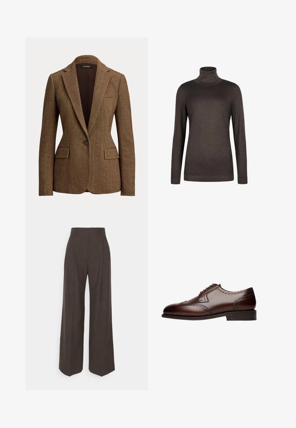 Blazer marron à motif chevrons, bouton unique, avec revers crantés et poches à rabat, fabriqué en tissu texturé tissé.; Pull à col roulé marron en tissu doux. Il dispose de manches longues et d'une coupe ajustée. Texture lisse avec un col et un ourlet côtelés.; Pantalons larges marron foncé à taille haute, avec des plis soigneusement marqués, une texture lisse et une coupe ajustée.; Chaussure de ville en cuir marron avec des détails brogue, bout arrondi et laçage à cinq œillets, reposant sur une semelle plate et texturée.