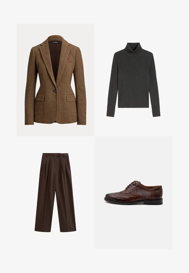 Blazer marron à motif chevrons, bouton unique, avec revers crantés et poches à rabat, fabriqué en tissu texturé tissé.; Pull à col roulé gris foncé avec une texture côtelée, manches longues et fentes sur les côtés au niveau de l'ourlet. Fabriqué en tissu tricoté doux.; Pantalons marron à taille large avec des plis, une ceinture plate et des passants de ceinture ; texture lisse et design ajusté. Idéal pour une tenue décontractée ou formelle.; Chaussure habillée homme à bout golf en cuir marron avec détails brogue et panneaux latéraux en tissu à carreaux, vue de côté sur fond blanc.