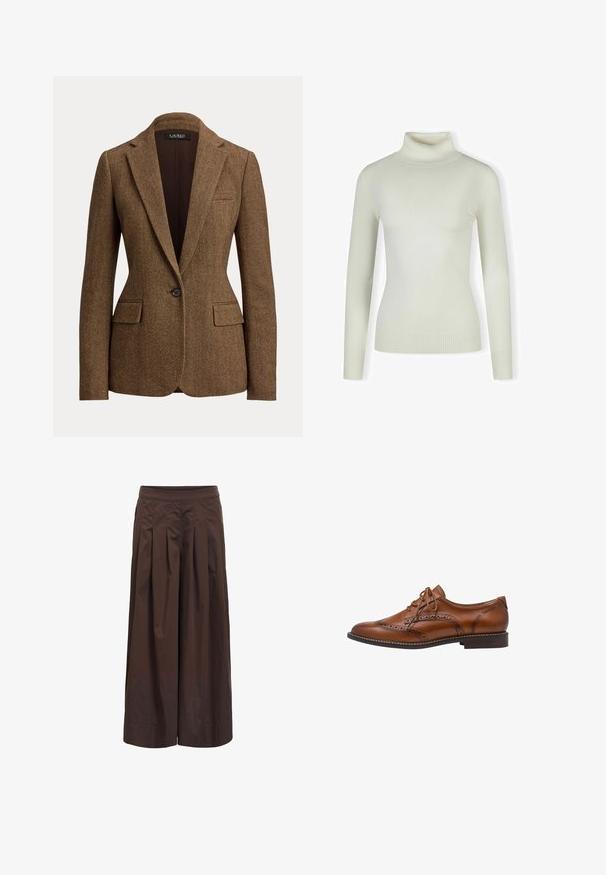 Blazer marron à motif chevrons, bouton unique, avec revers crantés et poches à rabat, fabriqué en tissu texturé tissé.; Pull col roulé crème clair en matériau doux et côtelé ; design ajusté avec des manches longues et un ourlet texturé. Pas de motifs ni d'accents.; Pantalon marron à jambes larges avec plis devant et taille ajustée, fabriqué en tissu léger, présenté sur fond blanc.; Chaussure Oxford brogue en cuir marron avec détails à bout ailé, perforations, lacets et talon bas empilé sur fond blanc.