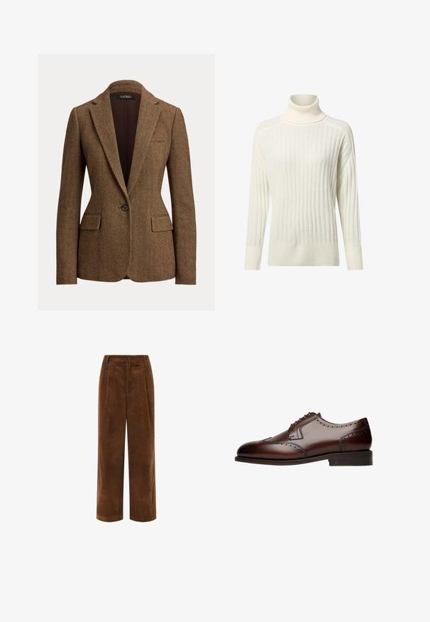 Bruine blazer met visgraatpatroon, enkeknoop, met notch-revers en klepzakken, gemaakt van gestructureerde geweven stof.; Crème-kleurige turtleneck trui met een ribbelstructuur, lange mouwen en een relaxte fit, met subtiele kleurvariaties doorheen.; Bruine corduroy wijdgerande broek met een gestructureerd oppervlak, geplisseerde voorkant en een ritssluiting. Voorzien van een klein merklabel op de tailleband.; Bruine leren nette schoen met brogue-details, ronde neus en vetersluiting met vijf oogjes, rustend op een platte, gestructureerde zool.