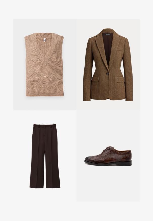 Blazer marron à motif chevrons, bouton unique, avec revers crantés et poches à rabat, fabriqué en tissu texturé tissé.; Gilet en tricot sans manches beige avec un col en V, présentant un motif texturé et des bords côtelés, fabriqué à partir d'un matériau en laine douce.; Pantalons à jambe large en tissu brun foncé, dotés d'une taille haute, de plis doubles et de poches latérales. Texture lisse avec passants de ceinture.; Chaussure habillée homme à bout golf en cuir marron avec détails brogue et panneaux latéraux en tissu à carreaux, vue de côté sur fond blanc.