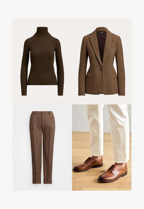 Brun blazer med fiskebenmønster, enkeltknappet, med notch revers og klaplommer, lavet af tekstureret vævet stof.; Mørkebrunt langærmet ribstrikket polotrøje med tætsiddende silhuet og lille logo nær den nederste kant foran på venstre side.; Brune plaid bukser med en skræddersyet pasform, der har plisseringer, en knaplukning og manchetter. Tekstureret stof med orange detaljer.; Brune læder brogue sko med perforerede detaljer, rund tå og en glat overflade, parret med cremede bukser med frynset kant.