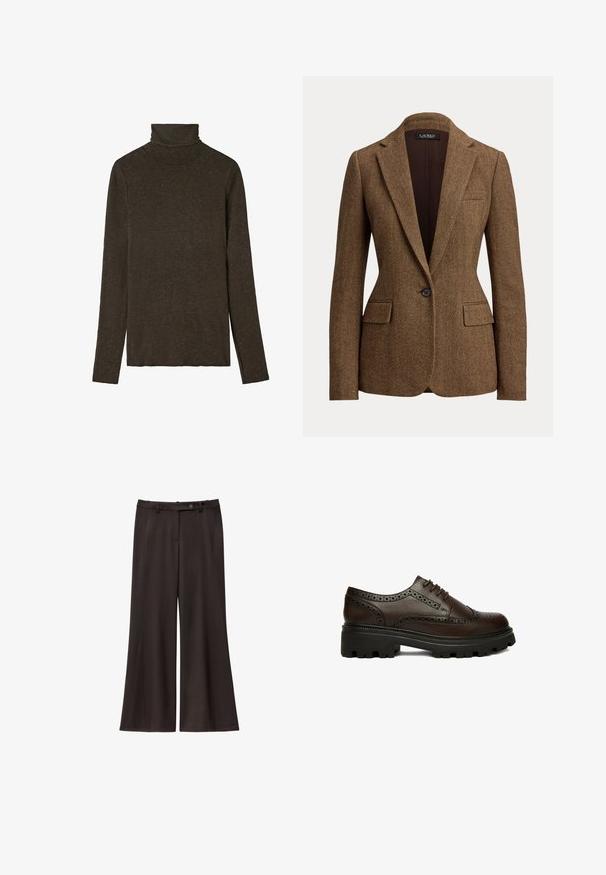 Bruine blazer met visgraatpatroon, enkeknoop, met notch-revers en klepzakken, gemaakt van gestructureerde geweven stof.; Donkerbruine coltrui gemaakt van zacht, gestructureerd materiaal. Heeft lange mouwen en een getailleerd ontwerp, met een gladde halslijn.; Zwarte wijde broek van soepel materiaal, met een hoge taille, riemlussen, een voorzak en een enkele knoopsluiting.; Donkerbruine leren brogue schoen met geperforeerde details en dikke zwarte profielzool, zijkant gezien op een witte achtergrond.