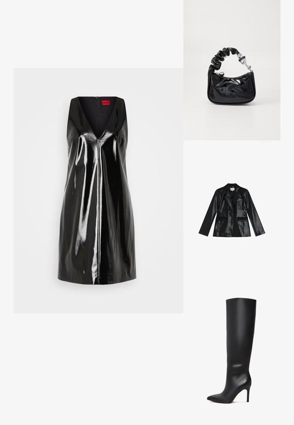 Zwarte leren blazer van faux leer met een getailleerd ontwerp, geknipte revers, drie knopen en twee voorzakken. Soepele textuur, strakke uitstraling.; Zwarte mouwloze jurk met een V-hals en glanzende, reflecterende afwerking; heeft een centrale ritssluiting en een minimalistisch design.; Zwarte leren knie-hoge stiletto laars met een spitse neus en een slanke, gladde oppervlakte. Beschikt over een hoge, slanke hak voor een verlengde silhoeet.; Zwarte, glanzende handtas van patenten materiaal met een gerimpelde handgreep, zilverkleurige hardware, ronde vorm, ritssluiting en een gladde, glanzende textuur.