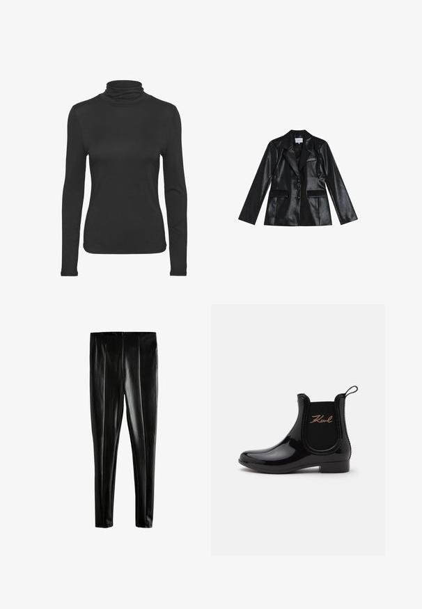 Zwarte leren blazer van faux leer met een getailleerd ontwerp, geknipte revers, drie knopen en twee voorzakken. Soepele textuur, strakke uitstraling.; Zwarte lange mouw turtleneck shirt gemaakt van glad, rekbaar materiaal. Heeft een aansluitend ontwerp en een klassieke hoge kraag.; Zwarte faux leren leggings met een gladde textuur, met een hoge taille en naden aan de voorkant en achterkant.; Zwarte glanzende enkellaars voor regen met elastisch zijpaneel en 'Karl' in gouden letters aan de buitenkant.