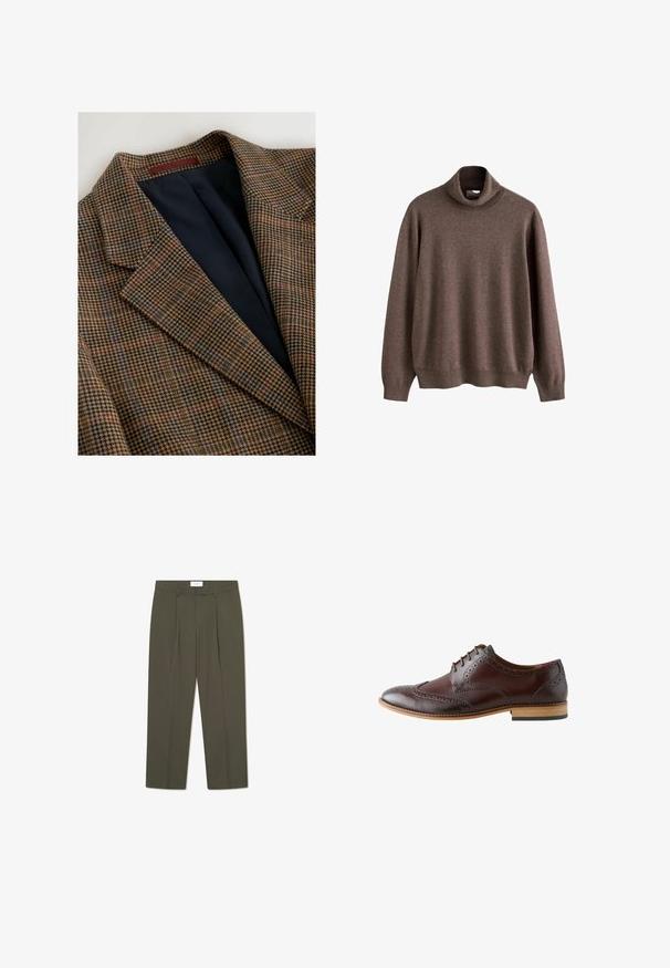 Brauner und marineblauer karierten Blazer mit einem Hahnentrittmuster, ausgestattet mit einem Reverskragen und schwarzem Futter im Inneren.; Brauner Rollkragenpullover aus weichem Stoff. Hat lange Ärmel und eine lockere Passform, mit geripptem Kragen und Saumdetails.; Olivgrüne Hose mit vertikalen Nadelstreifen, tailliertem Bund, Falten und geradem Bein. Glatte Textur.; Dunkelbrauner Leder-Brogue-Herrenschuh mit Flügelspitzendetails, geschlossener Schnürung und heller Holzsohle, von der Außenseite gesehen.