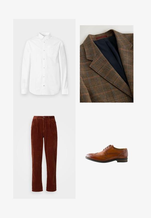 Bruin en marineblauw geruite blazer met een houndstooth-patroon, met een getailleerde kraag en een zwarte voering aan de binnenkant.; Witte blouse met lange mouwen van katoen. Voorzien van een button-down kraag, voorzak en subtiele textuur. Rechte zoom met knoopsluitingen.; Katoenen corduroy broek in een rijke bruine kleur; heeft een geplooide voorkant, rechte pijpen en een knoopsluiting bij de taille.; Bruine leren herenschoen met brogue-details, vleugelperforatie en zwarte veters, getoond vanaf de buitenkant.