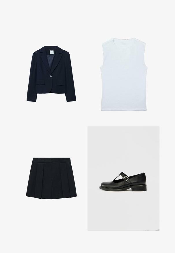 Marineblå cropped blazer i blødt stof. Har en reverskrave, enkeltknaplukning og to forlommer. Glat inderfor.; Ærmeløs hvid bomulds tanktop med rund halsudskæring og et enkelt, ensfarvet design.; Sort plisseret nederdel lavet af stof med en glat tekstur. Har en struktureret talje og flere lodrette pliser for definition.; Sort Mary Jane-sko i læder med rund tå, T-remdesign, justerbar spænde og lav stablet hæl. Glat tekstur med minimal detaljering.