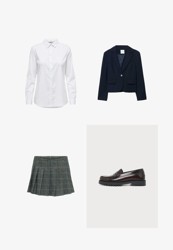 Veste courte bleu marine en tissu doux. Dotée d'un col à revers, d'une fermeture à un bouton et de deux poches avant. Doublure intérieure lisse.; Chemise blanche à manches longues, dotée d'un col structuré et d'un ourlet arrondi. Fabriquée à partir d'un tissu lisse et uni, sans motifs ni accents visibles.; Jupe plissée en pied-de-poule gris avec des lignes bleues, fabriquée en tissu texturé. Présente un design évasé et une ceinture lisse.; Mocassin penny en cuir brun foncé avec semelle en caoutchouc noire épaisse et coutures moc toe, présenté en profil latéral sur fond blanc.
