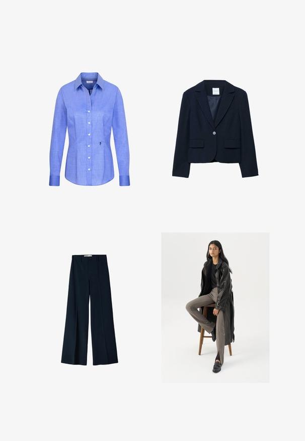 Navyblauw cropped blazer van zachte stof. Voorzien van een reverskraag, een sluiting met een enkele knoop en twee voorzakken. Gladde binnenvoering.; Lichtblauw overhemd met lange mouwen, knoopsluiting, spitse kraag en een kleine zwarte geborduurde roos aan de onderkant van de rechtervoorzijde.; Marineblauwe wijde broek gemaakt van een gladde stof, met twee voorplooien en een enkele knoopsluiting in de taille.; Zwarte leren trenchcoat met knopen en riemdetails, gecombineerd met lichtbruine getailleerde broek en zwarte loafers, zittend op een houten kruk.