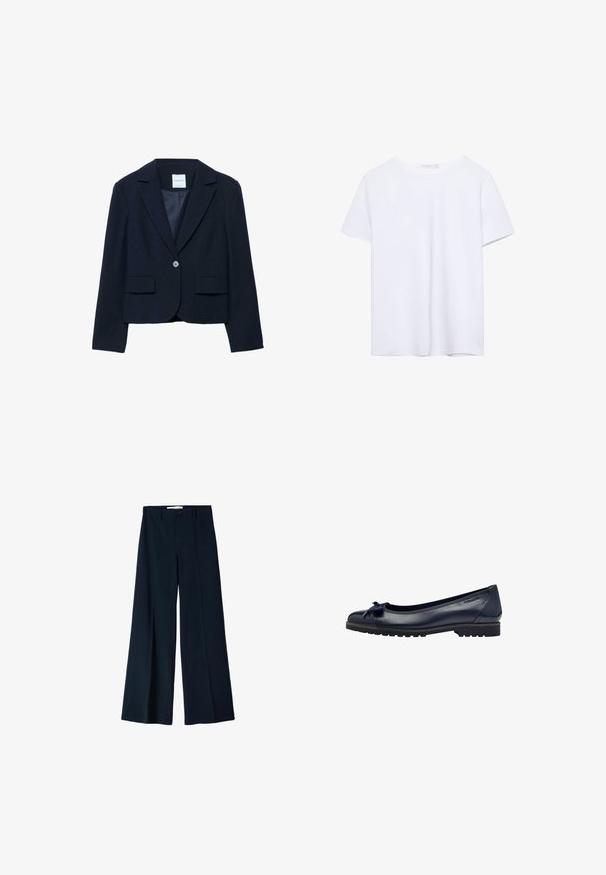 Navyblauw cropped blazer van zachte stof. Voorzien van een reverskraag, een sluiting met een enkele knoop en twee voorzakken. Gladde binnenvoering.; Puur witte t-shirt met korte mouwen en ronde halslijn, met een rechte zoom, weergegeven op een witte achtergrond.; Marineblauwe wijde broek gemaakt van een gladde stof, met twee voorplooien en een enkele knoopsluiting in de taille.; Navyblauwe leren balletschoenen met een klein strikdetail, ronde neus en een gestructureerde zool met een lage hak.