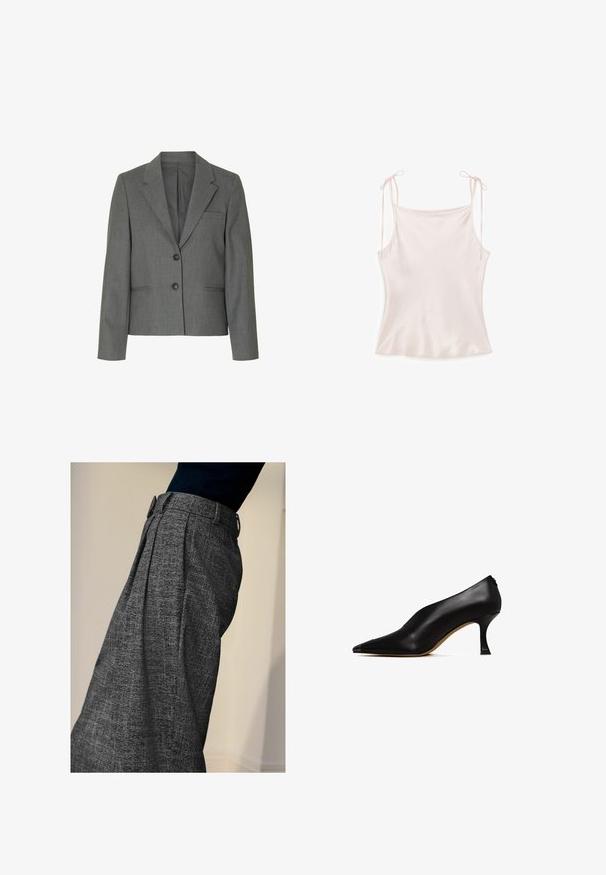 Blazer gris avec un col cranté, fermeture à un bouton, deux poches avant et un tissu lisse et texturé. Coupe ajustée, manches longues.; Caraco rose pâle soyeux avec fines bretelles nouées en nœuds, texture lisse et ourlet légèrement évasé.; Personne portant un pantalon gris à taille haute texturé avec des plis à l'avant et un haut noir, montré de profil sur un fond uni.; Chaussure à talon haut en cuir noir avec un bout pointu et un talon fin et courbé. Présente une texture lisse et un design minimaliste.