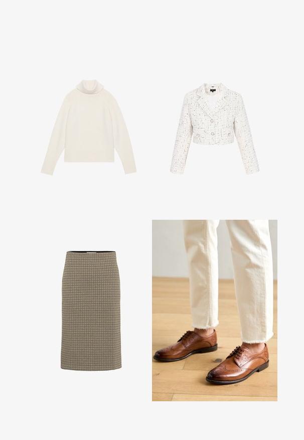 Hvid cropped jakke lavet af tekstureret tweed. Har en stikkrave, to frontlommer og to knaplukninger med metalliske detaljer.; Lyscreme turtleneck sweater med ribbet tekstur, raglanærmer og tætsiddende kant. Blødt materiale og afslappet silhuet.; Part Two PWPencil - Pencil skirt - toasted coconut check; Brune læder brogue sko med perforerede detaljer, rund tå og en glat overflade, parret med cremede bukser med frynset kant.