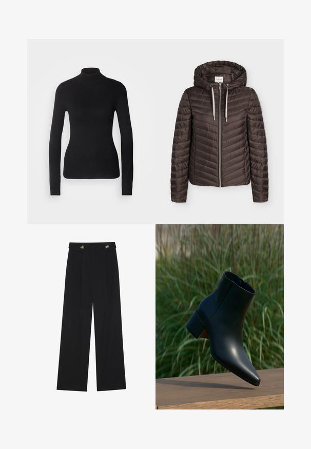 Brun quiltet jakke med lynlås, hætte og hvide snore, lange ærmer og vandret quiltet mønster.; Sort turtleneck sweater lavet af let strikket stof. Har lange ærmer, et tætsiddende design og en blød ribbet tekstur.; Sorte vide bukser med høj talje, knapdetaljer på taljebåndet og frontfald.; Sort læderankelstøvle med blokhæl, spids tå, vist over et trægulv med grøn sløret græs i baggrunden.