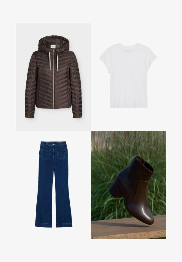 Braune gesteppte Jacke mit Reißverschluss, Kapuze und weißen Kordeln, langen Ärmeln und horizontalem Steppmuster.; Weißes kurzärmliges T-Shirt mit Rundhalsausschnitt, lockerer Passform, aus weichem Baumwollstoff. Glatte Textur, keine Muster oder Logos.; Dunkelblaue Denim-Jeans im Schlagstil mit glatter Textur, Fünf-Taschen-Design und einem Knopfverschluss an der Taille.; Dunkelbrauner Leder-Stiefelette mit Blockabsatz schwebt über einer Holzoberfläche, mit grünem, verschwommenem Gras-Hintergrund.