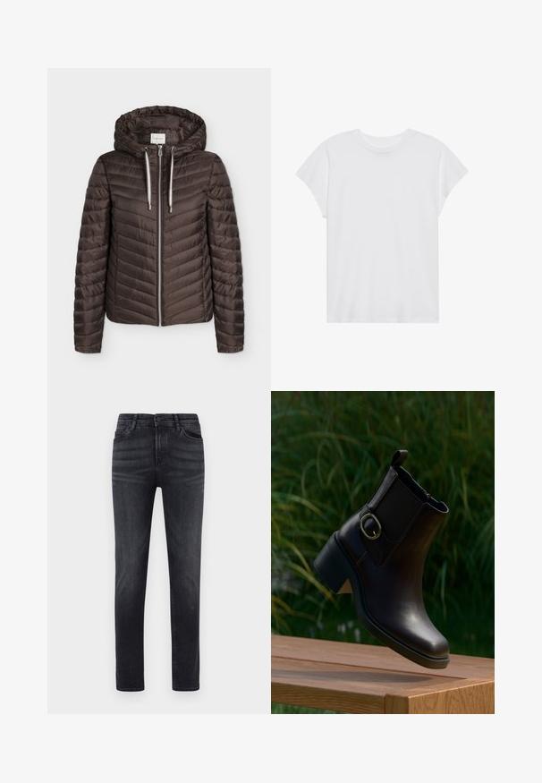 Bruine doorgestikte jas met ritssluiting, capuchon en witte trekkoorden, lange mouwen en horizontaal stikpatroon.; Witte t-shirt met korte mouwen, ronde hals, relaxte pasvorm, gemaakt van zacht katoen. Glad textuur, geen patronen of logo's.; Zwarte denim jeans met een rechte pasvorm. Voorzien van vijf zakken, een knoopsluiting en lussen voor de riem. De stof heeft een gladde textuur en een lichte stretch.; Zwarte leren enkellaars met lage hak en zijgesp, drijvend boven een houten oppervlak buiten met een groene achtergrond van bladeren.