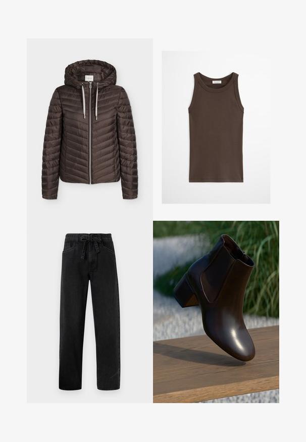 Brun quiltet jakke med lynlås, hætte og hvide snore, lange ærmer og vandret quiltet mønster.; Mørkebrun ærmeløs tætsiddende tanktop med rund halsudskæring, vist mod en ensfarvet lys baggrund.; Sorte denimbukser med snøre i taljen, lige ben-design, fem lommer og subtilt falmet tekstur.; Brun læder ankelstøvle med en afrundet tå og en lav blokhælhæl, der har elastiske sidepaneler og en glat, blank finish.
