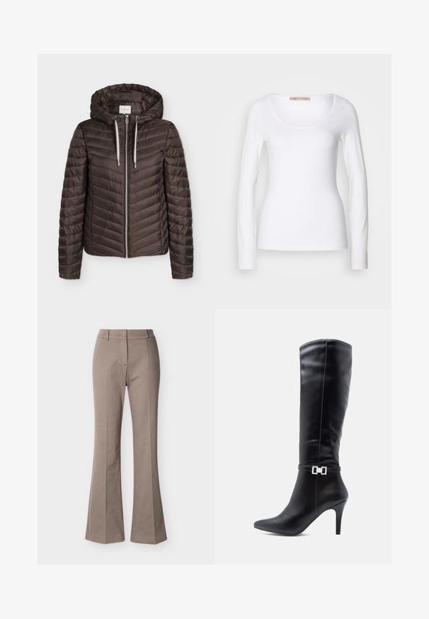 Veste matelassée marron à fermeture éclair avec capuche et cordons blancs, manches longues et motif de coutures horizontales.; T-shirt en coton blanc à manches longues, avec un col rond et une coupe ajustée, au toucher doux et sans ornement.; Pantalon beige taille haute à jambes larges, avec détails de couture à l'avant, passants de ceinture et fermeture frontale cachée, présenté sur un fond blanc.; Botte en cuir noir montante avec un bout pointu, un haut talon aiguille et un détail décoratif en boucle en argent autour de la cheville.