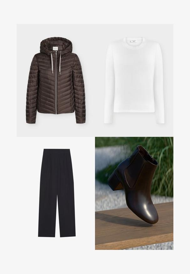 Chaqueta marrón acolchada con cremallera, capucha y cordones blancos, mangas largas y patrón de costuras horizontales.; Camiseta blanca de manga larga y cuello redondo con dobladillo recto, mostrada sobre un fondo blanco liso. Sin estampados ni cierres visibles.; Pantalones anchos negros de tela suave, con pliegues, cinturilla plana y sin bolsillos ni adornos visibles.; Botín de cuero marrón con punta redonda y un tacón bajo en bloque, que presenta paneles laterales elásticos y un acabado suave y brillante.