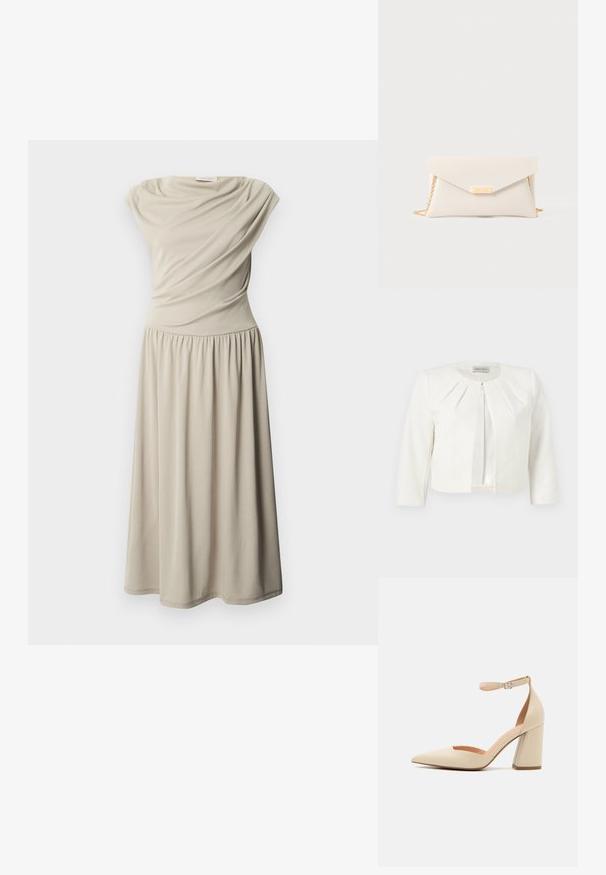 Blazer blanco corto con mangas tres cuartos y detalle plisado alrededor del cuello de Anna Field.; Vestido midi beige sin mangas con cintura fruncida y detalle de tela drapeada en el corpiño, presentado sobre un fondo blanco liso.; Zapato de tacón alto de charol beige con punta afilada, correa en el tobillo y tacón grueso. Textura suave con detalles de costura mínimos.; Bolso de mano en material texturizado de color blanco roto, con una correa de cadena dorada y un cierre con solapa con una placa de nombre dorada. Forma rectangular.