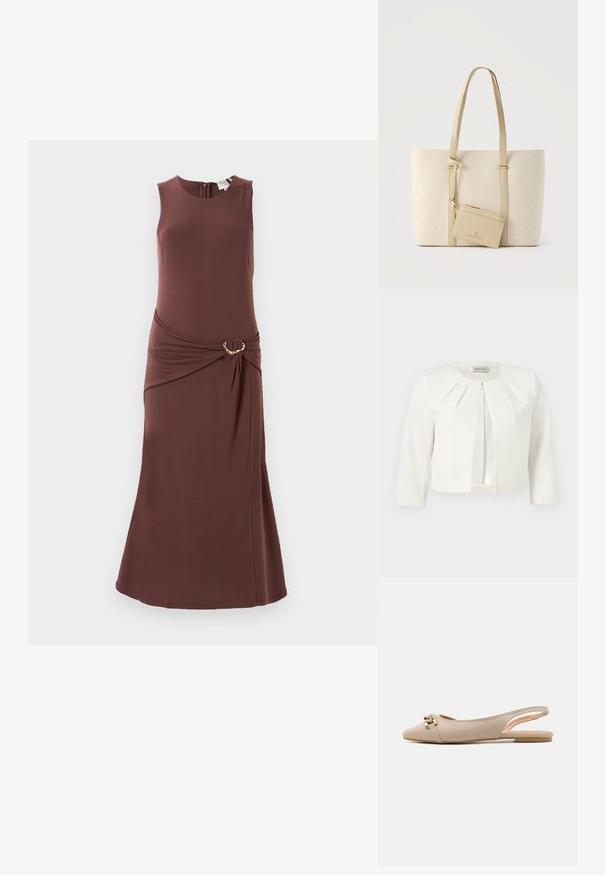 Witte cropped blazer met driekwartsmouwen en geplooide details rondom de kraag van Anna Field.; Mouwloze bruine midi-jurk van gladde stof, met een gedraaide ontwerp bij de taille en gouden hardwaredetails.; Beige slingback ballerina's van zacht suède, met een slanke, puntige neus, decoratieve gouden metalen accenten en een minimalistisch ontwerp.; Crèmekleurige draagtas met dubbele schouderbanden en een bijpassend klein etui met ritssluiting aan de voorkant, afgewerkt met goudkleurig beslag.