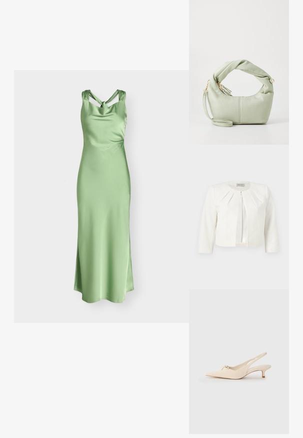 Blazer blanc court à manches trois-quarts avec des détails plissés autour du col, par Anna Field.; Robe longue en satin vert clair avec bretelles torsadées et encolure drapée, cintrée à la taille et s’évasant vers un ourlet droit.; Chaussures slingback à bout pointu en cuir blanc cassé, avec un petit nœud et un petit talon. Texture lisse, design minimaliste.; Sac à main en simili cuir vert avec une anse torsadée, des accessoires en or et une bandoulière amovible. Forme arrondie avec une texture lisse et des détails de couture.