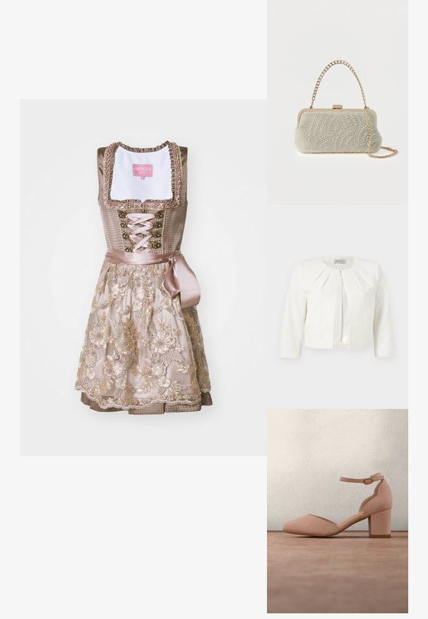 Blazer blanc court à manches trois-quarts avec des détails plissés autour du col, par Anna Field.; Robes traditionnelles dirndl avec un corsage ajusté en tissu taupe, orné de broderies florales. La jupe présente un design superposé avec des accents en dentelle.; Chaussure à talon bloc en daim beige avec un bout arrondi, une bride au niveau de la cheville et des détails en métal doré ; texture lisse et design minimaliste.; Petit sac pochette blanc rectangulaire recouvert de perles avec un cadre métallique doré et deux brides en chaîne dorées, une courte et une longue.