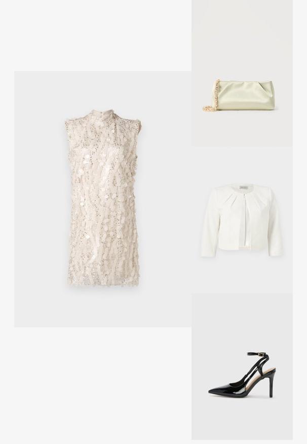 Blazer blanco corto con mangas tres cuartos y detalle plisado alrededor del cuello de Anna Field.; Vestido sin mangas de cuello alto en beige claro con un patrón de lentejuelas en toda la prenda, que presenta un corte ligeramente holgado y una superficie texturizada.; Zapato de charol negro de tacón alto, tipo slingback, con punta afilada, correa ajustable en el tobillo y lados abiertos. Textura lisa.; Bolso de mano de satén verde claro con cadena de oro y cristales, de forma rectangular con suaves pliegues sobre un fondo liso.