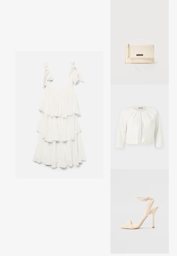 Weißer, kurz geschnittener Blazer mit Dreiviertelärmeln und plissierten Details am Kragen von Anna Field.; Weißes ärmelloses Stufenkleid mit Rüschenschichten und Bindeträgern auf einfarbigem Hintergrund.; Beige High Heel Sandale mit einem schmalen Knöchelriemen und quadratförmiger Zehenpartie. Glattes synthetisches Material, minimalistisches Design und Pfennigabsatz.; Cremfarbene Clutch mit geprägtem Blumenmuster, goldfarbener Kettenriemen und einer kleinen Metallplakette mit der Aufschrift "ANNA FIELD" auf der vorderen Klappe.