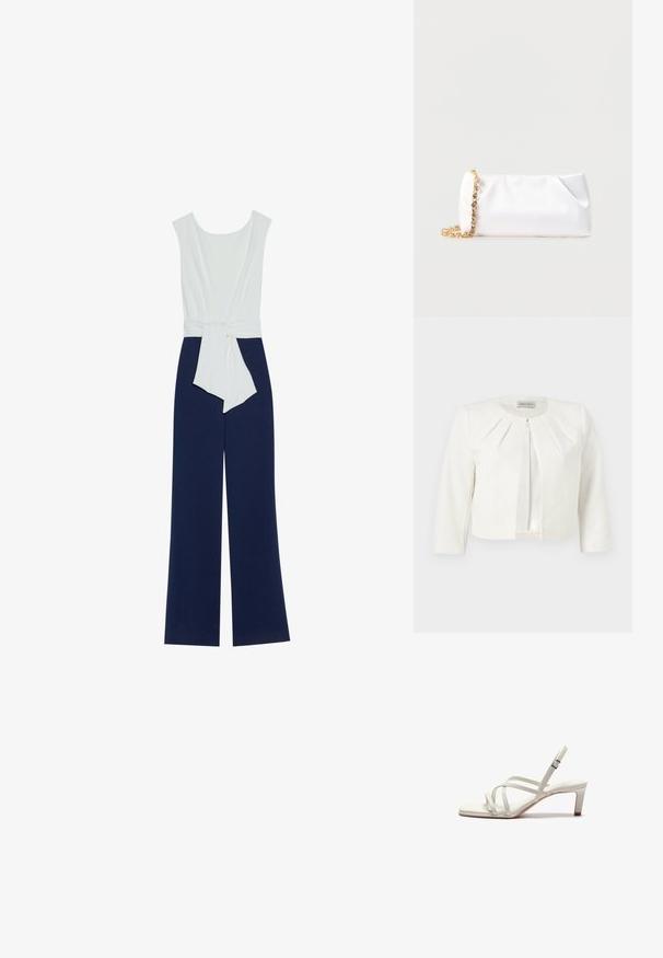 Hvid cropped blazer med trekvartlange ærmer og plisseret detaljer omkring kraven fra Anna Field.; Mørkeblå jumpsuit med en tætsiddende hvid overdel, brede bukser og taljebånd. Glat stof med en ren silhuet og minimalistisk design.; Zign by Zalando Pumps - off white; Hvid blød clutchtaske med guld kæderem pyntet med klare ædelsten, sat mod en ensfarvet lys grå baggrund.