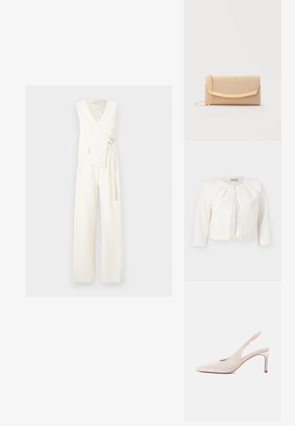 Blazer blanc court à manches trois-quarts avec des détails plissés autour du col, par Anna Field.; Combinaison blanche sans manches avec jambes larges, devant cache-cœur maintenu par une boucle en anneau argenté, et petit détail de poche en haut à gauche.; Chaussure à talon haut à bride arrière en satin beige, avec un bout pointu, un décolleté découpé et des accents décoratifs en perles le long du bord.; Pochette rectangulaire beige avec un fermoir doré courbé et une fine chaîne dorée en bandoulière sur un fond clair.