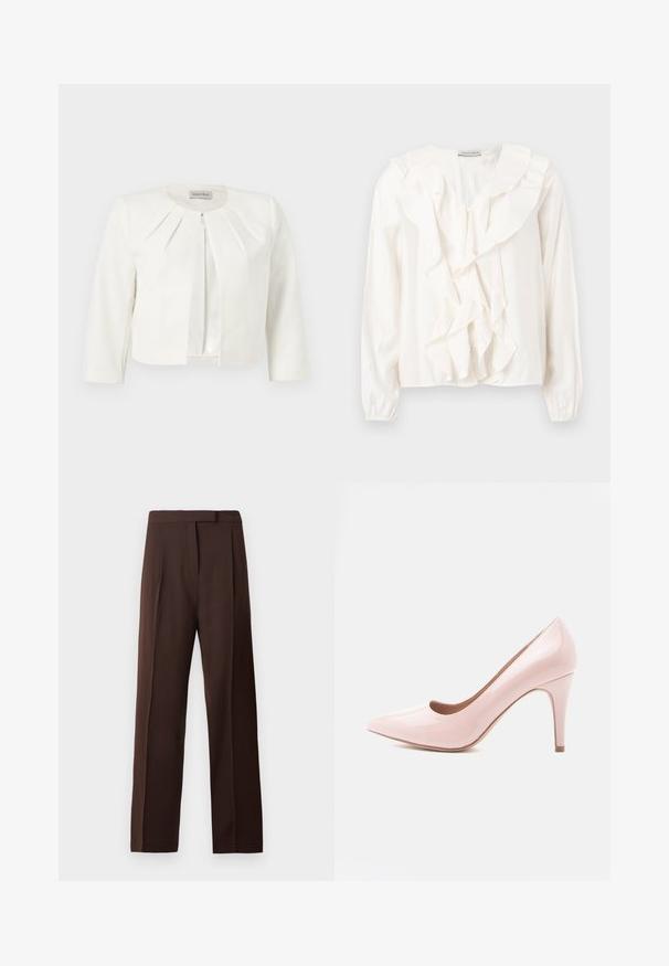 Witte cropped blazer met driekwartsmouwen en geplooide details rondom de kraag van Anna Field.; Witte blouse met een gerimpeld voorkantontwerp, zachte stof, lange mouwen en knoopsluitingen. Voorzien van een gestructureerde kraag en gerimpelde manchetten.; Donkerbruin recht gesneden op maat gemaakte broeken met een tailleband en een verborgen sluiting aan de voorkant op een witte achtergrond.; Roze lakleren hoge hak schoen met een puntige neus en een slanke hak. Gladde textuur met een glanzende afwerking. Geen zichtbare accenten of patronen.