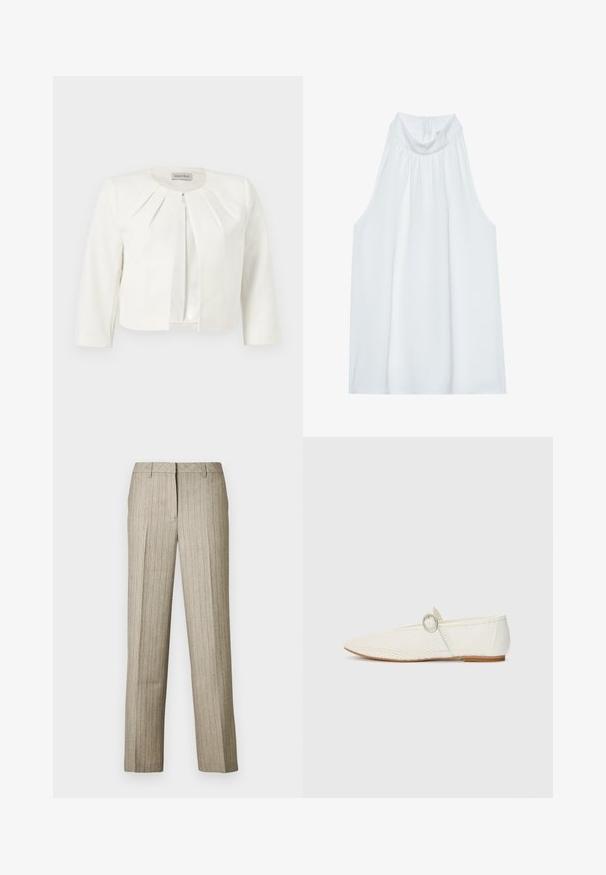Hvid cropped blazer med trekvartlange ærmer og plisseret detaljer omkring kraven fra Anna Field.; Hvid ærmeløs top med høj hals, der har blødt stof, sammensyning ved halsudskæringen og en skjult lynlås i ryggen.; Beige bukser med nålestriber og et lige ben-design, der har en struktureret linning og en subtil tekstur i hele stoffet.; Hvide syntetiske flade sko med mesh-struktur, spidse tå og en sidesnor med en rund detalje. Lav hæl og fleksibel sål.