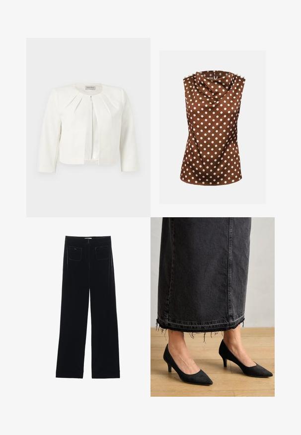 Hvid cropped blazer med trekvartlange ærmer og plisseret detaljer omkring kraven fra Anna Field.; Ærmeløs brun bluse med hvide polkaprikker, draperet høj krave og dekorative knapper på skuldrene.; Sorte velour bredbukser med to baglommer og en glat tekstur, der har en lige skæring og syede afslutninger ved anklerne.; Sorte ruskindpumps med spids tå og en 3 tommer hæl, parret med en lang, mørk denimskørt med frynset kant.