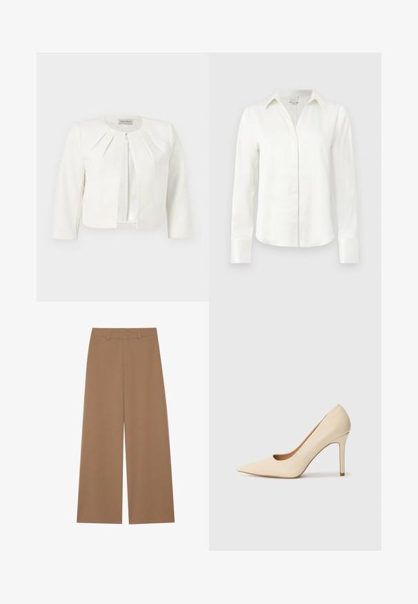 Blazer blanc court à manches trois-quarts avec des détails plissés autour du col, par Anna Field.; Blouse blanche à manches longues avec col large, boutons avant cachés et poignets boutonnés, présentée sur un fond clair uni.; Pantalons à jambes larges de couleur marron uni, fabriqués à partir d'un tissu texturé ; dotés d'une taille haute et d'un design structuré avec passants de ceinture.; Escarpin en cuir beige à talon haut avec un bout pointu et un détail découpé sur le côté, possédant un talon stiletto fin pour le soutien.
