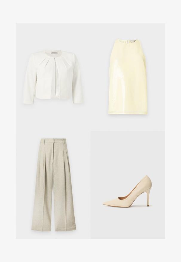 Blazer blanc court à manches trois-quarts avec des détails plissés autour du col, par Anna Field.; Haut sans manches de couleur jaune clair avec une texture lisse, doté d'un panneau brillant à l'avant et d'une petite fermeture éclair au dos.; Pantalon à jambes larges en tissu gris clair avec une finition texturée, présentant des plis à l'avant et une ceinture plate, sans poches visibles.; Escarpin en cuir beige à talon haut avec un bout pointu et un détail découpé sur le côté, possédant un talon stiletto fin pour le soutien.