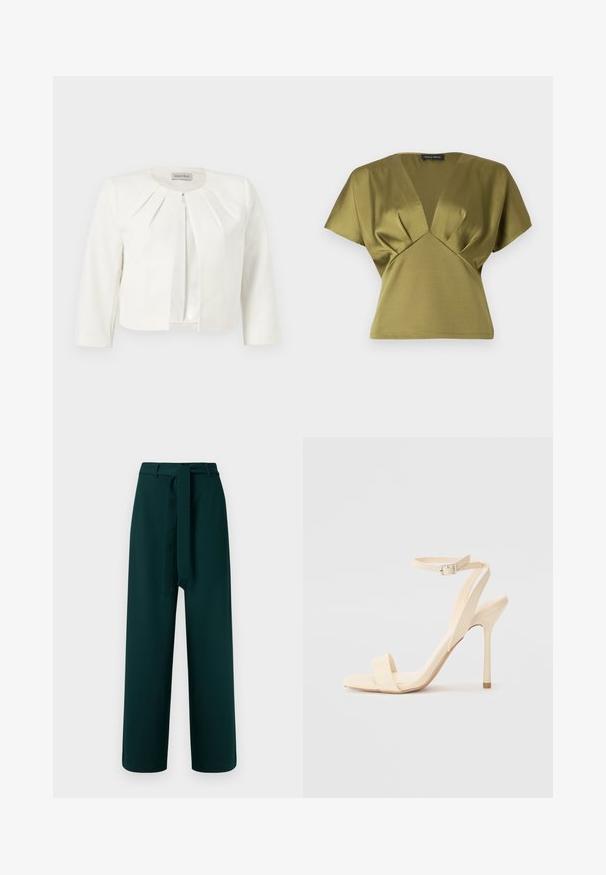 Hvid cropped blazer med trekvartlange ærmer og plisseret detaljer omkring kraven fra Anna Field.; Olivengrøn top med V-hals og korte ærmer, med plisserede detaljer ved brystet. Lavet af et glat, blødt stof.; Grønne bukser med vidt ben, bæltestropper, et bundet stofbælte og en glat tekstur; har høj talje og uden synligt mønster.; Beige højhælede sandaler med en slank ankelrem og firkantet tå. Glat syntetisk materiale, minimalistisk design og stiletto-hæl.