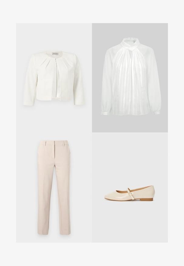 Blazer blanc court à manches trois-quarts avec des détails plissés autour du col, par Anna Field.; Blouse blanche à manches longues avec col haut, rayures verticales transparentes sur le devant, détail œil-de-bœuf et poignets à boutons sur fond uni.; Pantalon beige ajusté à jambe droite avec passants de ceinture, fermeture éclair frontale et bouton, sur un fond clair uni.; Ballerines en cuir verni beige avec un embout carré, un petit talon et une bride ajustable à la cheville avec une boucle dorée.