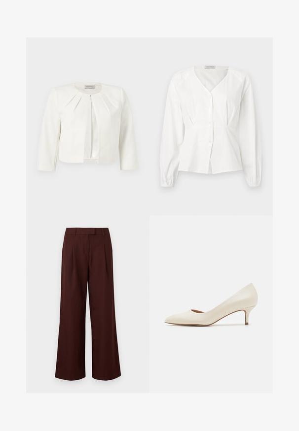 Witte cropped blazer met driekwartsmouwen en geplooide details rondom de kraag van Anna Field.; Witte blouse met lange mouwen en V-hals, knopen aan de voorkant, getailleerde taille en elastische manchetten, getoond op een effen achtergrond.; Wijde, high-waist broek in donkerbruin met riemlussen en voorplooien, afgebeeld tegen een effen witte achtergrond.; Beige lage hakpump met een spitse neus en een gladde, glanzende bovenkant. Bevat een subtiele uitsparing langs de voetboog en een slanke, taps toelopende hak.