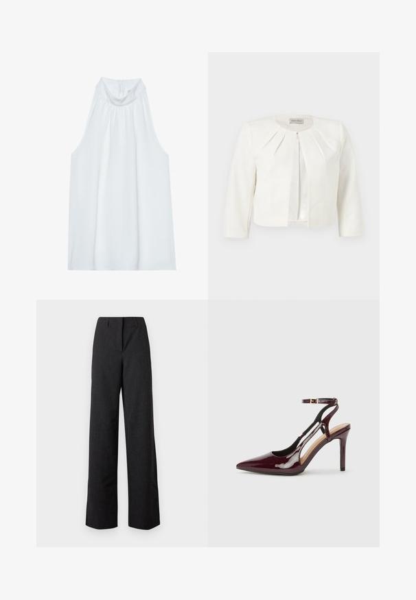 Blazer blanc court à manches trois-quarts avec des détails plissés autour du col, par Anna Field.; Haut sans manches blanc avec un col montant, en tissu doux, présentant des détails froncés au niveau du col et une fermeture éclair dissimulée à l'arrière.; Pantalon large noir taille haute pour femme, avec une fermeture avant dissimulée et des passants pour ceinture.; Chaussure à talon haut en cuir verni bordeaux avec bout pointu, sangle de cheville et découpes sur les côtés. Fini élégant et brillant.