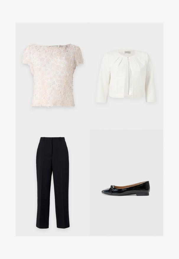 Hvid cropped blazer med trekvartlange ærmer og plisseret detaljer omkring kraven fra Anna Field.; Blonde lace-top i lys beige, med blomsterapplikationer over stoffet, korte ærmer og rund halsudskæring. Tekstureret og delikat design.; Sorte bukser med lige pasform, der har et glat stof, plisseelement, bæltestropper og sidelommer. Anvendelige til formelt tøj.; Sorte patenterede læderballetsko med spidse tæer, lille sløjfedetail foran og en lav, firkantet hæl. Glat, skinnende tekstur.