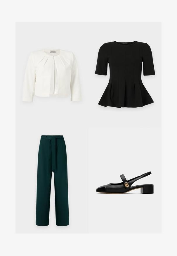 Witte cropped blazer met driekwartsmouwen en geplooide details rondom de kraag van Anna Field.; Zwarte korte mouwen peplumtop met ronde halslijn en verticale naaddetails, weergegeven op een witte achtergrond.; Groene broek met een wijdere pijp, riemlussen, een stoffen riem om te strikken en een gladde textuur; heeft een taille met hoge taille en geen zichtbaar patroon.; Zwarte leren slingback schoen met een ronde neus, met een glanzende voorkant en een gouden accent op de band, bevestigd met een kleine blokhak.
