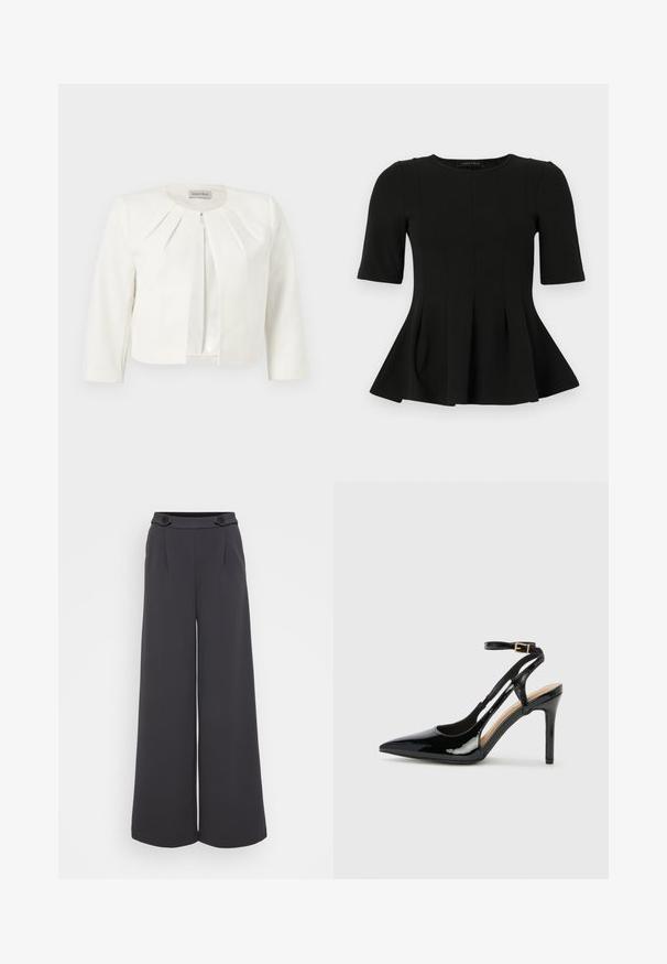 Hvid cropped blazer med trekvartlange ærmer og plisseret detaljer omkring kraven fra Anna Field.; Sort peplum top med korte ærmer og rund udskæring samt lodrette sømdetaljer, vist på en hvid baggrund.; Bredbenede bukser i mørkegrå stof. Har læg foran og to dekorative knapper i taljen. Glat tekstur og skræddersyet pasform.; Sorte laklæder højhælede slingback-sko med spids tå, justerbar ankelrem og åben sider. Glat tekstur.