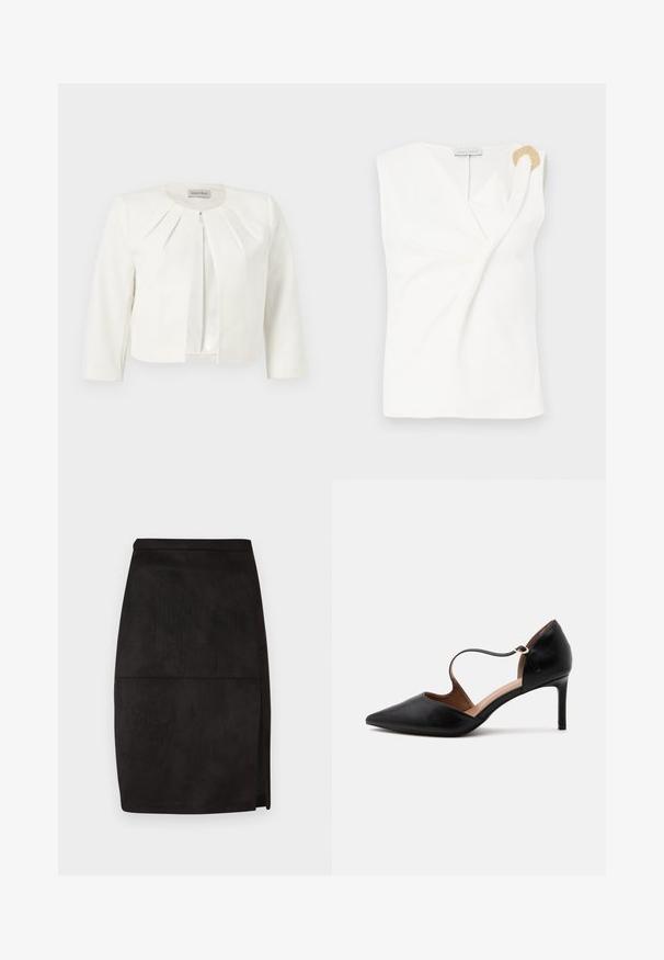 Blazer blanco corto con mangas tres cuartos y detalle plisado alrededor del cuello de Anna Field.; Blusa sin mangas blanca con un diseño envolvente, que presenta un detalle decorativo en forma de anillo en tono dorado en el hombro derecho.; Falda lápiz de ante negro con corte recto, ligera abertura lateral y textura suave. Cintura sencilla y líneas de diseño limpias.; Zapato de tacón alto de cuero negro con punta afilada, una delgada correa en el tobillo y tacón stiletto de altura media sobre un fondo blanco.