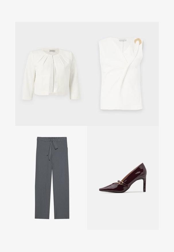 Witte cropped blazer met driekwartsmouwen en geplooide details rondom de kraag van Anna Field.; Mouwloze witte blouse met een wikkelontwerp, voorzien van een decoratieve ring in goudkleur op de rechter schouder.; Grijze broek met fijne streepjes, een elastische tailleband, strikdetail en een losse pasvorm. Gemaakt van een gladde stof met verticale strepen.; Patente bordeaux hoge hak schoen met puntige neus, enkelsluitle met gouden hardware en een strakke, gepolijste afwerking. Verhoogde stiletto hak.