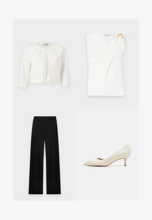 Witte cropped blazer met driekwartsmouwen en geplooide details rondom de kraag van Anna Field.; Mouwloze witte blouse met een wikkelontwerp, voorzien van een decoratieve ring in goudkleur op de rechter schouder.; Zwarte wijd uitlopende, op maat gemaakte broek met taillebandlussen en voorplooien, weergegeven tegen een witte achtergrond.; Beige lage hakpump met een spitse neus en een gladde, glanzende bovenkant. Bevat een subtiele uitsparing langs de voetboog en een slanke, taps toelopende hak.